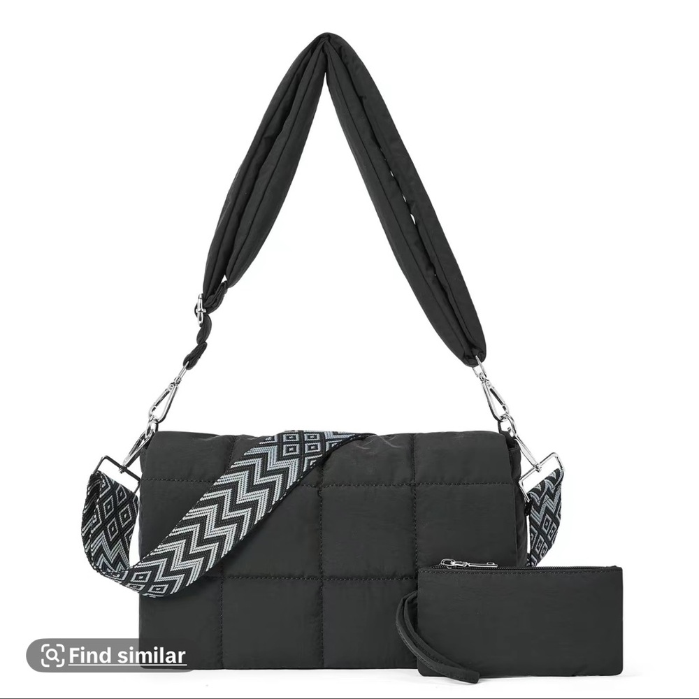 Black Quilted Puffer Shoulder/ Crossbody Bag with Patterned Strap.